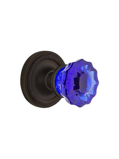 Rope Rosette Door Set with Colored Fluted Crystal Glass Knobs Cobalt Blue in Oil-Rubbed Bronze.